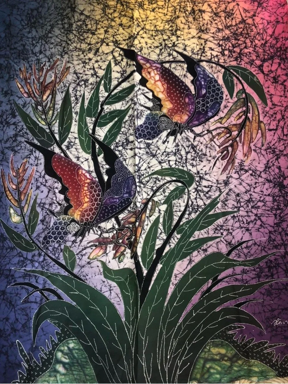 Vintage Handmade 1980s Batik Tapestry of Butterflies.